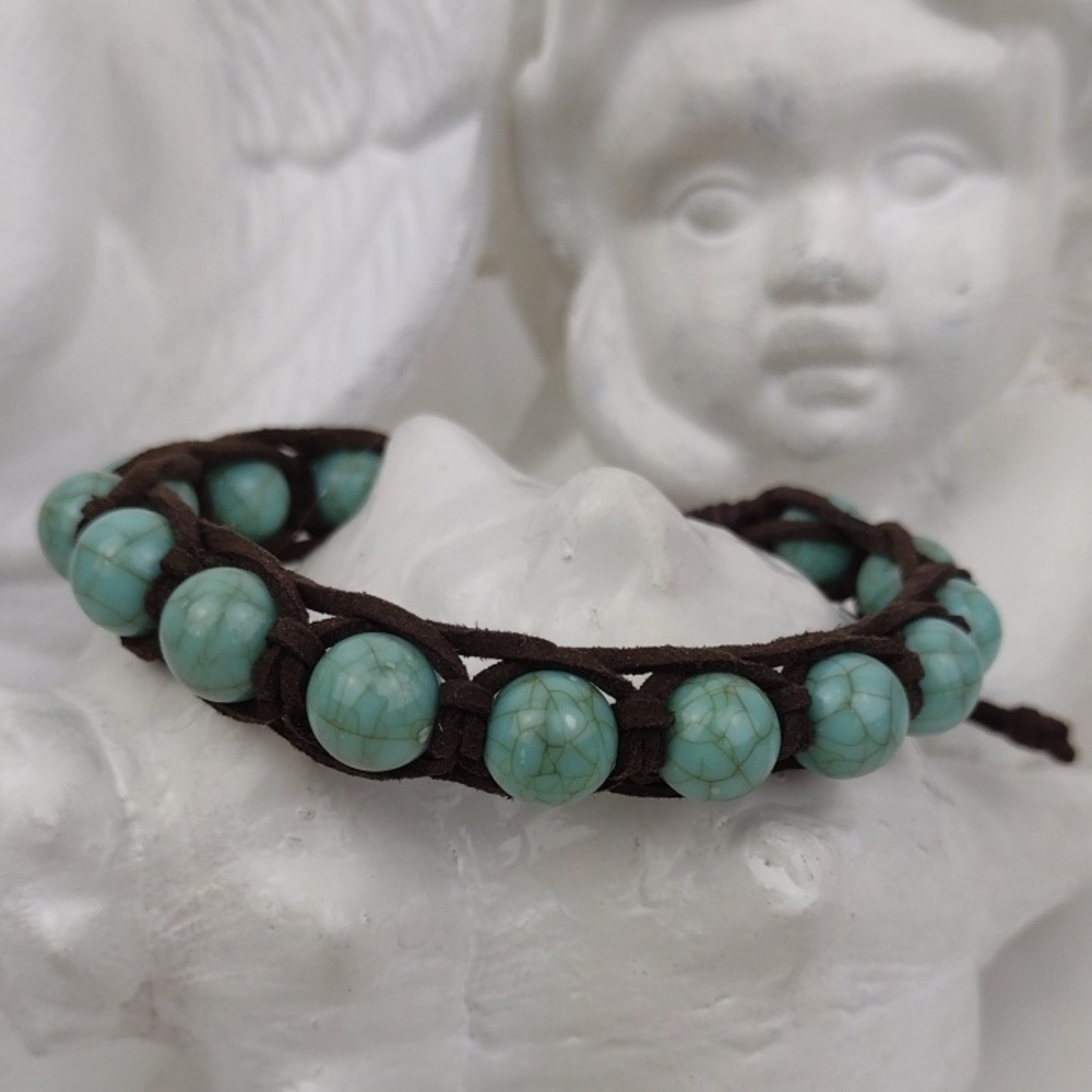🌻3 for $15 Cool Turquoise Beaded Blue Green Leather Wrap Slip Knot Bracelet